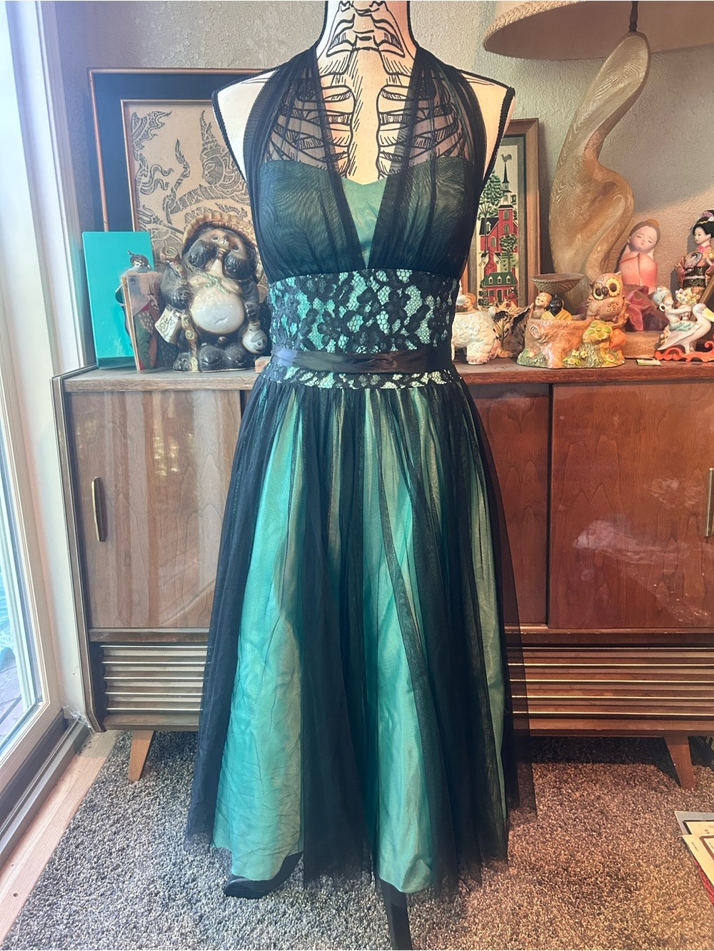 Glamorous, Vintage, Green & Black, Tulle and Lace Halter Dress